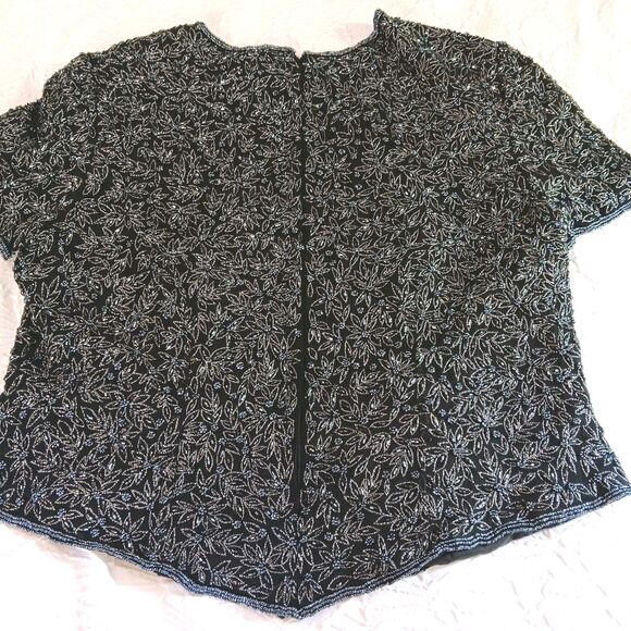 Vintage Adriana Papell Occasions Black Silk Beaded Floral Short Sleeve Sz 18 - Picture 5 of 15
